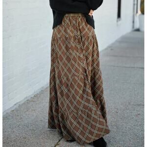 NEW Pink Lily Cassidy Brown Plaid Button Down High Waist Stretchy Maxi Skirt XS